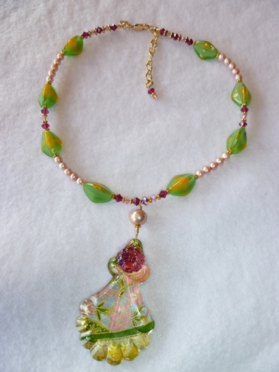 Vintage Crystal Lime Pink Pearls Necklace
